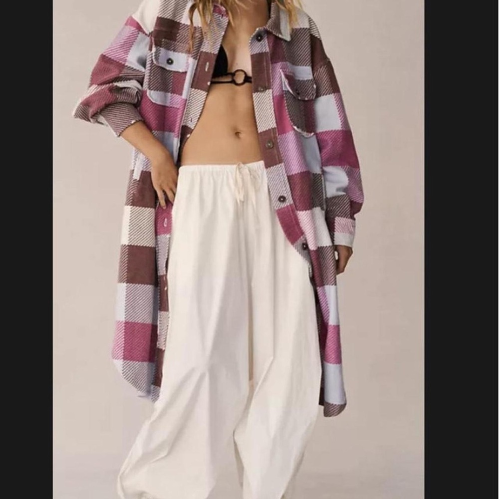 Free People - We The Free - Oversized plaid fleece jacket with elbow patch- S